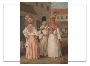 Three African American Women in Colonial Dresses Toasting with